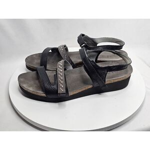 NAOT Kendall Wedge Sandals Ankle Straps Rhinestones Black Women Size EU 41/US 10